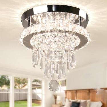 Imagem de Lustre de teto embutido com mini cristal LED | Luminária de teto moderna com 2 níveis de cristal cromado circular para quarto, hall de entrada, escadas, corredor e cozinha (com regulagem de