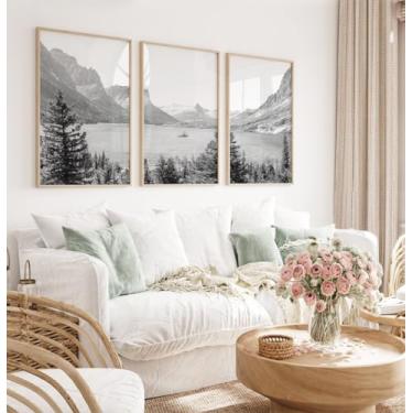 Imagem de Conjunto de 3 pôsteres de montanha lago emoldurado, impressão de arte, pôster, paisagem, imagens de geleira, pintura de parede em tela para decoração de quarto de casa com moldura interna
