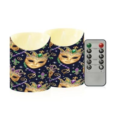 Imagem de Wassud Pacote com 2 máscaras douradas de carnaval velas sem chama com controle remoto, velas realistas cintilantes com temporizador, velas decorativas para Natal, casamento, festa, decoração de casa