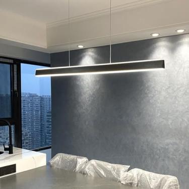 Imagem de Luminária pendente LED para mesa de jantar, design linear moderno, lustre para sala de estar, dimerizável (3000K-6000K), com controle remoto e altura ajustável (preta, 100cm de comprimento).