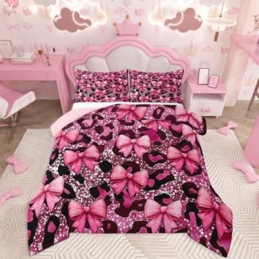 Imagem de jejeloiu Conjunto de edredom casal com laço, leopardo, para crianças, meninos e meninas, edredom de guepardo, decoração de quarto de microfibra, 3 peças com 2 fronhas
