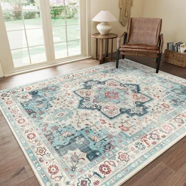 Imagem de GENIMO Tapetes de área de 20 x 25 cm para sala de estar, tapetes antiderrapantes laváveis na máquina, tapete com estampa vintage leve para quarto, sala de jantar, escritório em casa, ciano/branco