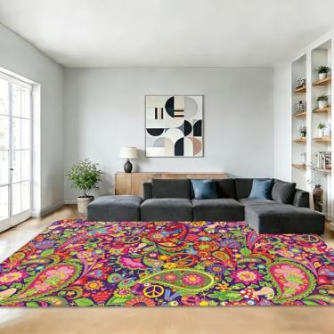 Imagem de Tapetes Boho Hippie Flores Modernas Neutro Grande Tapete Retro Anos 70 Groovy Peace Lavável Tapetes 5 × 7 para Cozinha, Sala de Jantar, Quarto, Quinta, Berçário, Escritório, Decoração de Casa