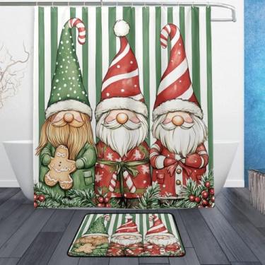 Imagem de xigua Gnomos de Natal fofos conjuntos de tapetes de cortina de banho 2 peças, conjunto de tema de banheiro (152 x 182 cm) com cortina de chuveiro e tapete antiderrapante -12 ganchos424