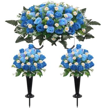 Imagem de Wocst Selim de flores de lápide, flores artificiais grandes para sepultura, pacote com 2 buquês de rosas de seda artificial com vasos de cemitério para decorações de túmulos ao ar livre (azul)