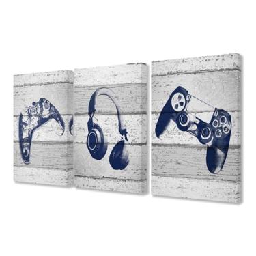 Imagem de The Kids Room by Stupell Vídeo Gamer Trio Controladores Headset Blue Graphics on Planks Arte de parede em tela esticada 3 peças, cada 40 x 60 cm, multicolorido