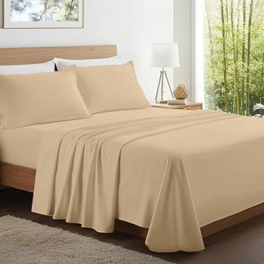 Imagem de Kickoff Lençóis de bambu viscose, tamanho casal, 4 peças, 100% viscose, bambu, orgânico, roupa de cama refrescante, lençol com elástico, fronhas (bege, F)