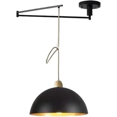 Imagem de Luminária de teto suspensa com braço articulado ajustável, estilo moderno de meados do século XX, em metal preto e branco, ideal para mesa de jantar.