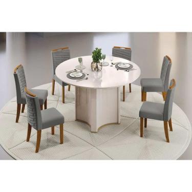 Imagem de Conjunto: Mesa Sala Jantar Chanel c/ Tampo Madeirado c/ Vidro Redondo 136x136cm e 6 Cadeiras Julia Off White - Freijo/Suede Lunar - DJ Móveis