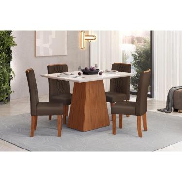 Imagem de Conjunto: Mesa de Cozinha Dulce c/ Tampo Madeirado c/ Vidro Reto 120x90cm e 4 Cadeiras Zoe Freijo/Off White - Suede Moca - DJ Móveis