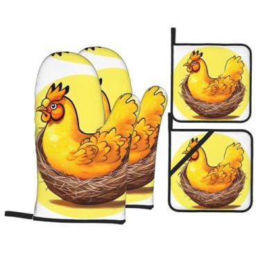 Imagem de Conjunto de luvas de forno com estampa de frango dourado Bird's Nest, conjunto de 4 peças adequado para grelhar, cozinhar e assar