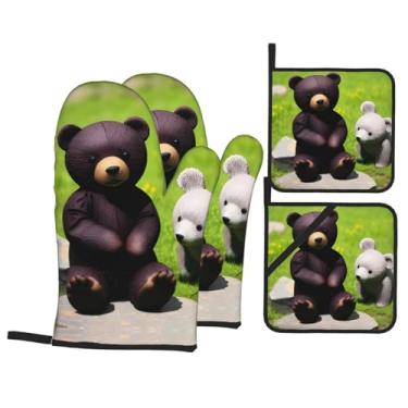 Imagem de Conjunto de luvas de forno estampadas Bear Buddy, conjunto de 4 peças, adequado para grelhar, cozinhar e assar