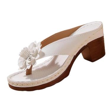 Imagem de Sandálias femininas plataforma com detalhes recortados e um salto grosso para um visual moderno de verão, Branco, 35