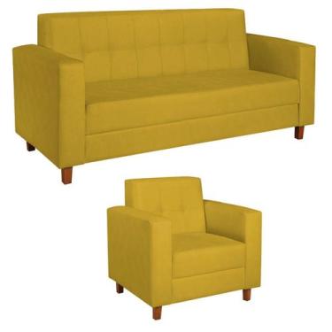 Imagem de Kit Sofá 2 Lugares e Poltrona Denver Suede - Amarena Móveis, Amarelo