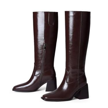 Imagem de Adolilove Bota feminina na altura do joelho, salto baixo, grosso, bico quadrado, couro sintético, longa, longa, com zíper lateral, Borgonha, 37
