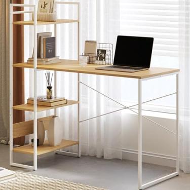 Imagem de Mesa de jogos integrada, mesa pequena dupla face com 4 prateleiras, mesa, sala de estar, mesa de computador e quarto, branca, amarela, nogueira, fácil de montar (noz) (cor de madeira amarela)