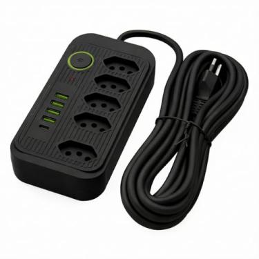 Imagem de Filtro de Linha Extensão 5 Tomadas 10A com 4 USB e 1 Tipo-C, Cabo 2m, Bivolt 110-220V, Potência 2500W - Preto Premium