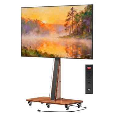 Imagem de Carrinho de TV móvel com tomada elétrica, suporte de TV de chão para TV de 32 a 75 polegadas até 60 kg, base de madeira e painéis laterais de acrílico, suporte de TV com altura ajustável com 6 rodas