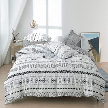 Imagem de HALOZI Conjunto de capa de edredom casal com listras brancas boêmia reversível, luxuosa, macia, capa de edredom com fecho de zíper e laços nos cantos (1 capa de edredom + 2 fronhas) (casal (203 x 224