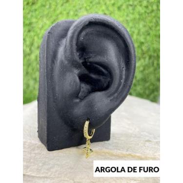 Imagem de Brinco Argola Pingente Cruz Cravejada Prata Dourado Aço Inox - Visujoi