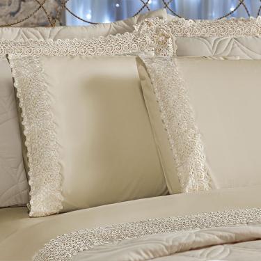 Imagem de Jogo de Lençol Vinci Queen 4 Peças Guipir Percal 400 Fios Suave Detalhado - Bege