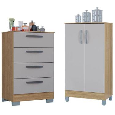 Imagem de Cômoda 867 4 Gavetas Com Armário Multiuso 2 Portas Pequeno Damasco Off White - Poquema