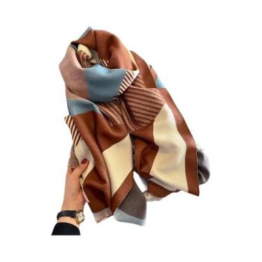 Imagem de Cachecol Feminino De Inverno Grosso Com Estampa De Listras E Borlas, M
