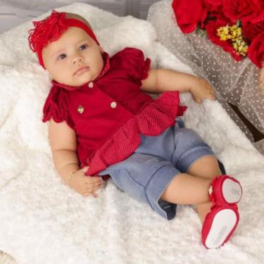 Imagem de Macacão bebe menina jeans curto - PEQUENO CHARME MODA BEBÊ, Vermelho, 