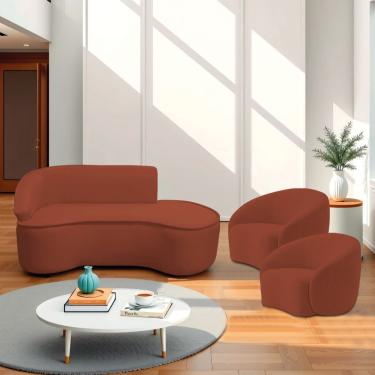 Imagem de Kit Divã Recamier Orgânico Marrocos 200cm Lado Direito E 2 Poltronas Amore Bouclé Terracota
