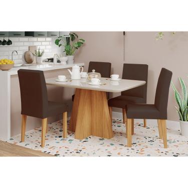 Imagem de Conjunto: Mesa Sala Jantar Maitê Tampo Madeirado c/ Vidro 130x80cm e 4 Cadeiras Maia Cinamomo/Off White - Nature/Suede Mascavo Chocolate Cimol