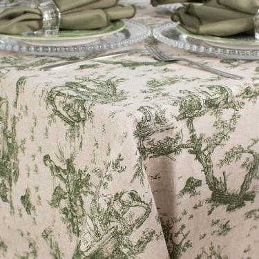 Imagem de Toalha de Mesa Retangular em Tecido Linho Estampado Toile de Jouy Verd