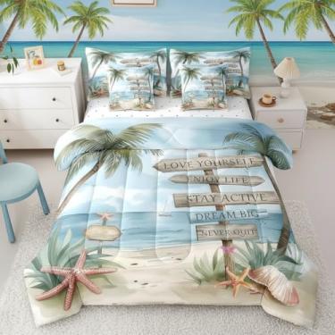 Imagem de Erosebridal Conjunto de edredom de praia tropical com estampa de coqueiro, 7 peças, sol...
