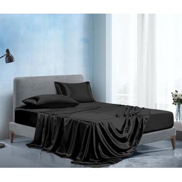Imagem de PURE ECO Jogo de cama Queen de seda de amoreira - Jogo de cama de 4 peças - Bolso de 40,6 cm - Lençóis de cama e fronhas luxuosos, amigos da pele e respiráveis - Charmeuse Silk para cuidados com os