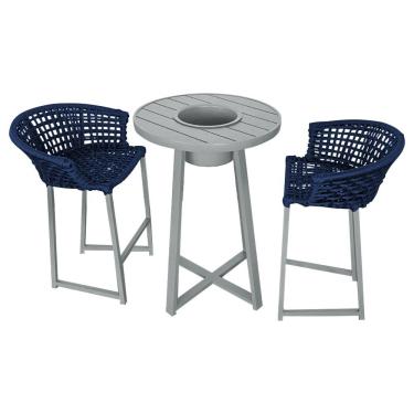 Imagem de Conjunto Bistrô Champanheira Cinza Tampo Ripado E 2 Banquetas Reis Corda Náutica Azul M...