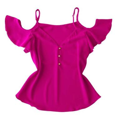 Imagem de Blusa Ciganinha Manga Curta Alça Feminina Decote V Botões Crepe Blusin