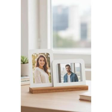 Imagem de Porta Retrato Duplo 10x15cm: Família & Amor  Madeira Branco - Congratu