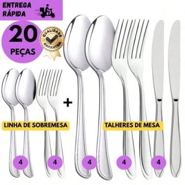 Imagem de Kit 20 Jogo Completo de Talheres Aço Inox Faca, Colher, Garfo, e Sobre