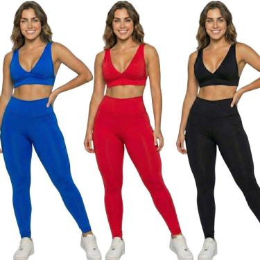 Imagem de KIT 3 Conjunto Top Bojo Costa Cruzada e Calça Suplex Vekyo Roupa De Academia Moda Fitne...