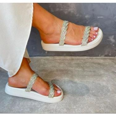 Imagem de Sandália Feminina Moleca Flatform Strass Branco Trançada 5469.123/133,