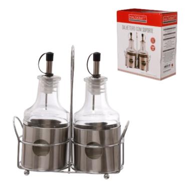 Imagem de Kit Galheteiro de Vidro com Suporte 200ML 3 Peças para Temperos Transparente e Prata Hauskraft