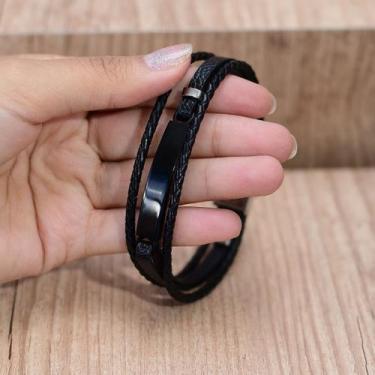 Imagem de Bracelete 21cm Couro Preto Trançado Lateral com Placa Black - Rosso De