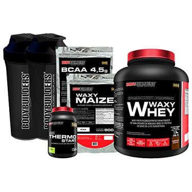 Imagem de KIT Waxy Whey 2kg + Thermo Start 120g + Waxy Maize Natural 800g + BCAA 1kg + 2x Coqueteleiras - BodyBuilders Sabor Chocolate
