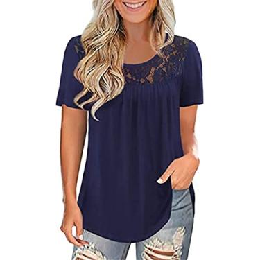 Imagem de DONGCY Camisetas femininas de manga curta Eversoft stretch gola redonda camiseta aberta tamanho grande confortável leve, azul B, GG (70 kg/175 cm)
