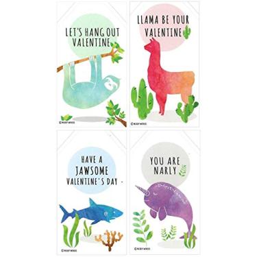 Imagem de Mini Llama Preguiça Narwhal Shark Valentines (conjunto de 24 cartões de tamanho carteira) para o Dia dos Namorados por Nerdy Words