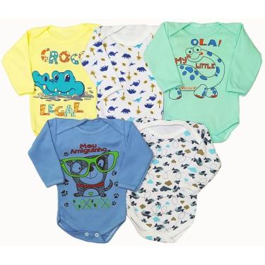 Imagem de Kit Roupa Bebê 5Pçs Body Estampado Manga Longa Menina Menino