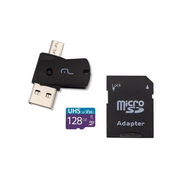 Imagem de Kit 4 em 1 Cartão De Memória Ultra High Speed-I U3 + Adaptador USB Dual Drive + Adaptador SD 128GB até 90 Mb/S De Velocidade Multilaser - MC153