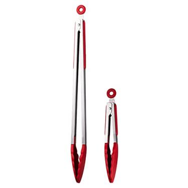 Imagem de UPTALY 2 peças de pinças vermelhas para servir com cabeças de silicone (45 cm, 23 cm), pinça de grelha extra longa, pinças de churrasco de aço inoxidável com alça alongada, alicates de alimentos de tamanho pequeno para cozinhar, grelhar, churrasco, buffet