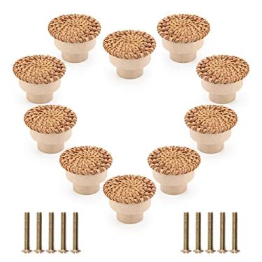 Imagem de Puxadores de cômoda de vime boho, puxadores de madeira Pletpet para gavetas de cômoda Boho puxadores de cômoda puxadores de cômoda puxadores de cômoda puxadores de cômoda de madeira de vime puxadores de gaveta gavetas de madeira com 10 parafusos