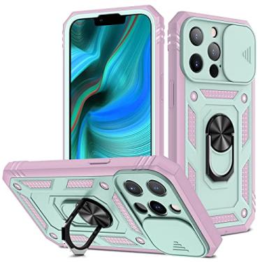 Imagem de Capa de celular Caso do iPhone 13 do iPhone 13 compatível com lente Protectionl Body Hard Slim 3 em 1 Caso de proteção, com caixa de giro magnético (Color : Gray pink+mint green)