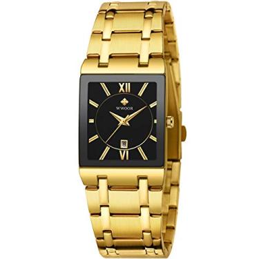 Imagem de Relógio masculino WWOOR com movimento de quartzo, à prova d'água, retangular, automático, com pulseira analógica, simples, Gold Black